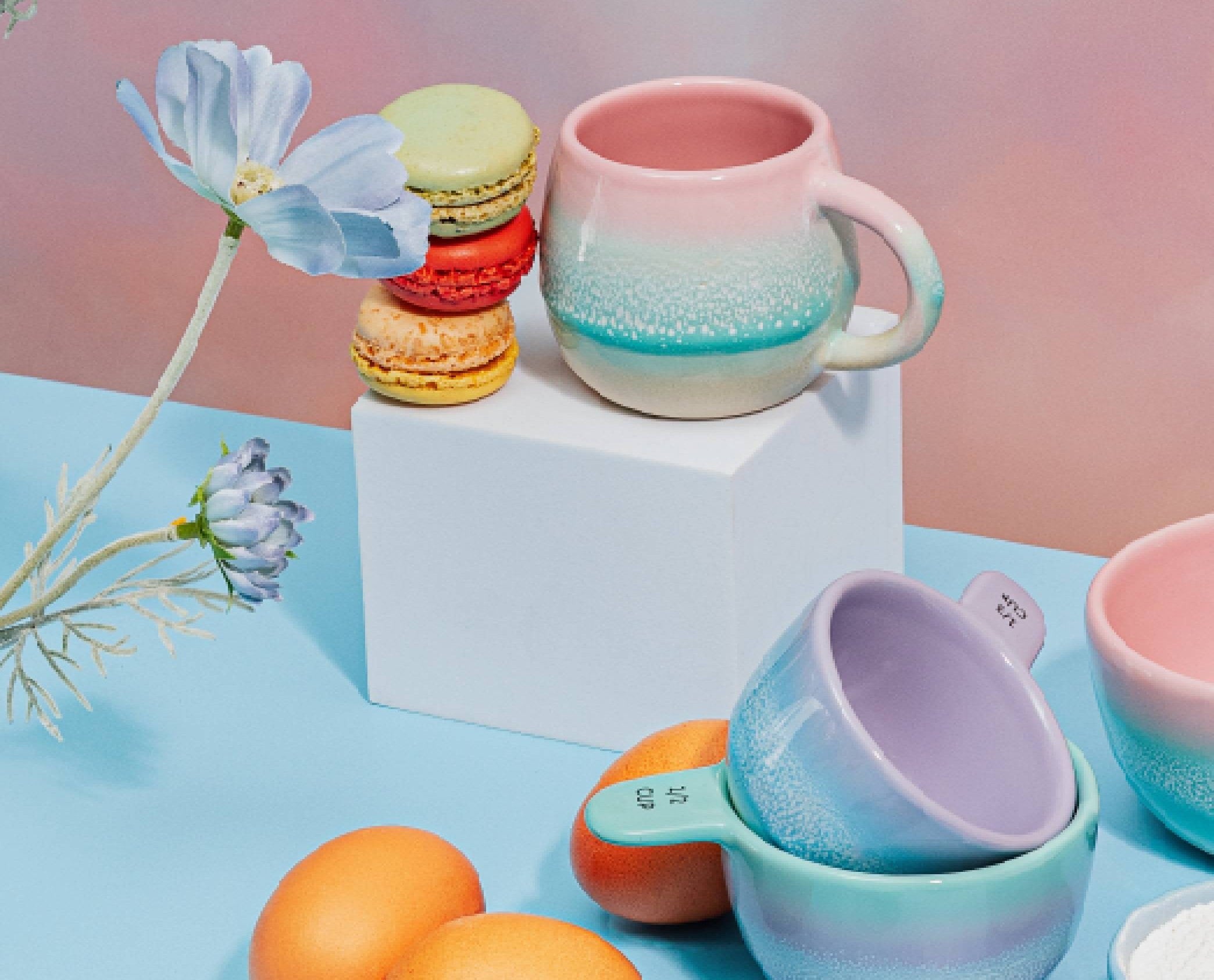 Set of two pastel ombre pink and green espresso mugs by Shabbyquins, stylish ceramic mugs with a soft gradient finish.
