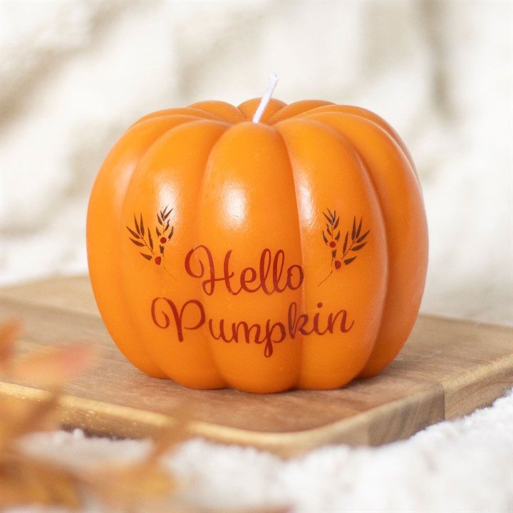 Hello Pumpkin shaped candle by Sable Homeware, featuring a warm orange pumpkin design perfect for autumn decor.