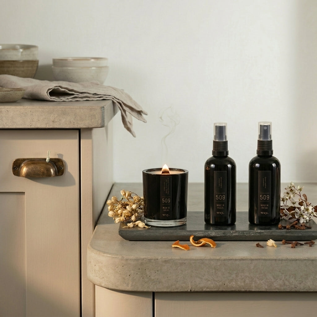 Sable Homeware Wxy Luxury Umbra Candle and Room Spray in a stylish candle holder, designed to enhance home ambiance.