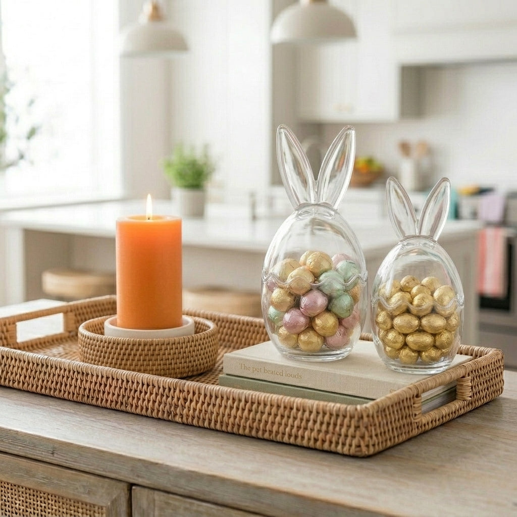 Two Sable Homeware bunny ear storage jars in two sizes, elegant Easter decor with charming bunny ears and smooth ceramic finish.