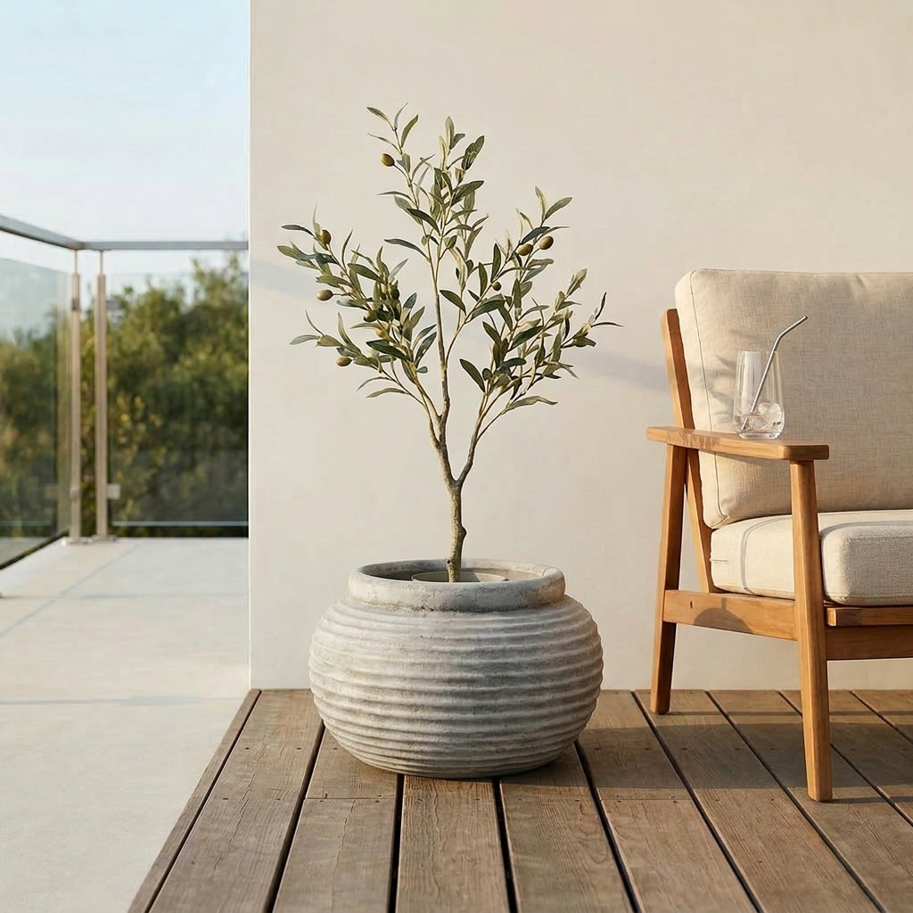 Shabbyquins Athena round ribbed vase with textured surface, ideal for outdoor planters and decorative garden displays.