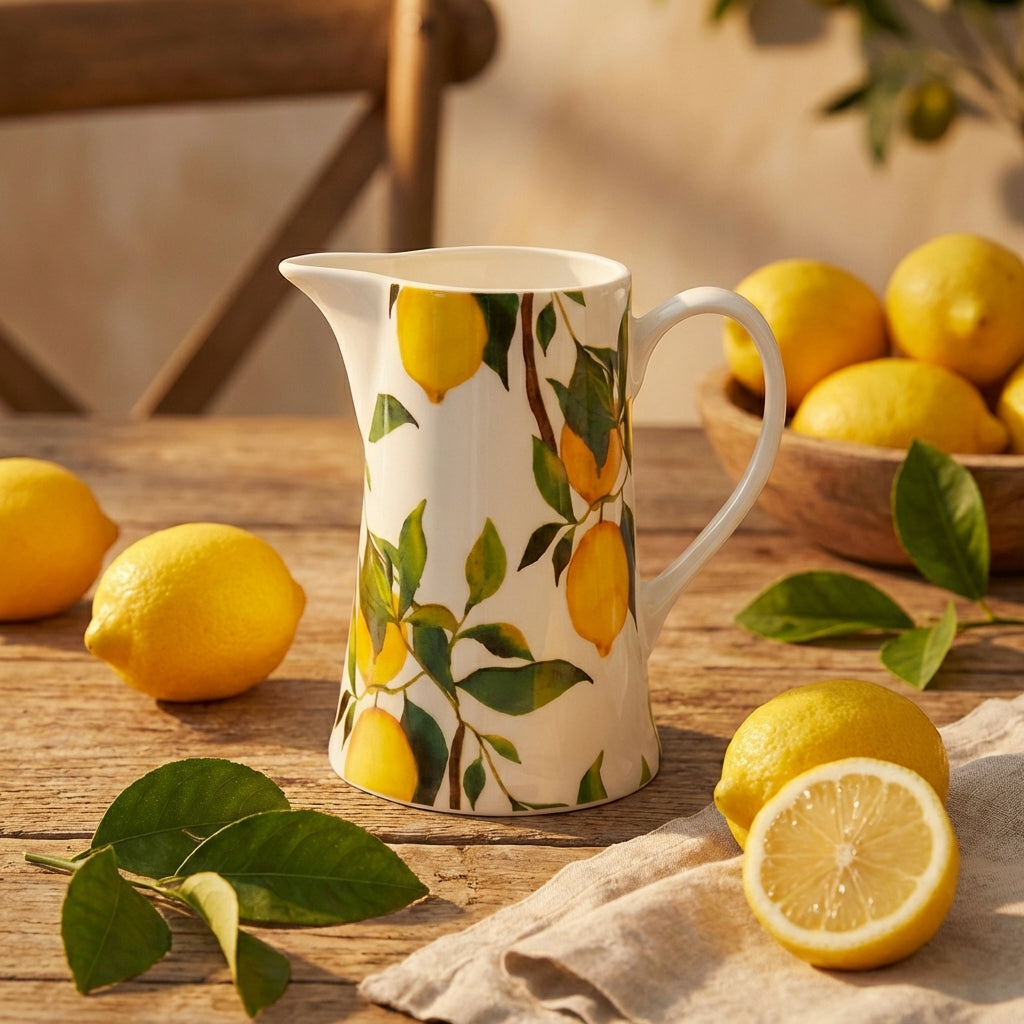 Sable Homeware Bone China Lemon Tree Jug displaying a bright yellow lemon design on a smooth ceramic jug.