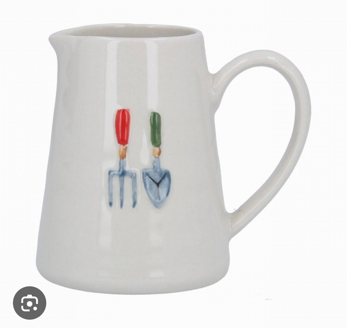 Shabbyquins stoneware mini jug with a charming gardening design, featuring a decorative handle and detailed patterns.