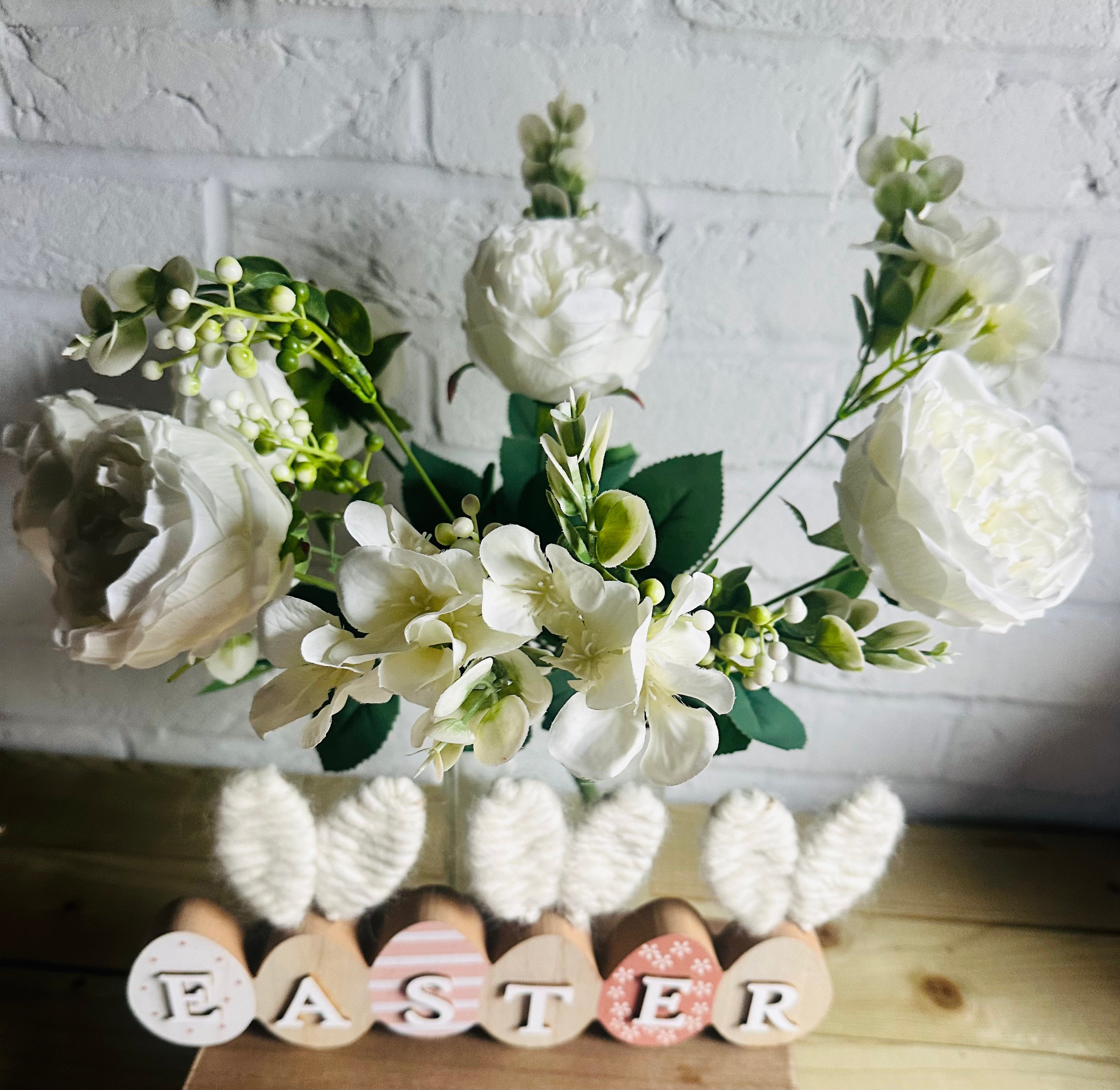 Faux white roses and green foliage spray with realistic flower and leaf details by Sable Homeware