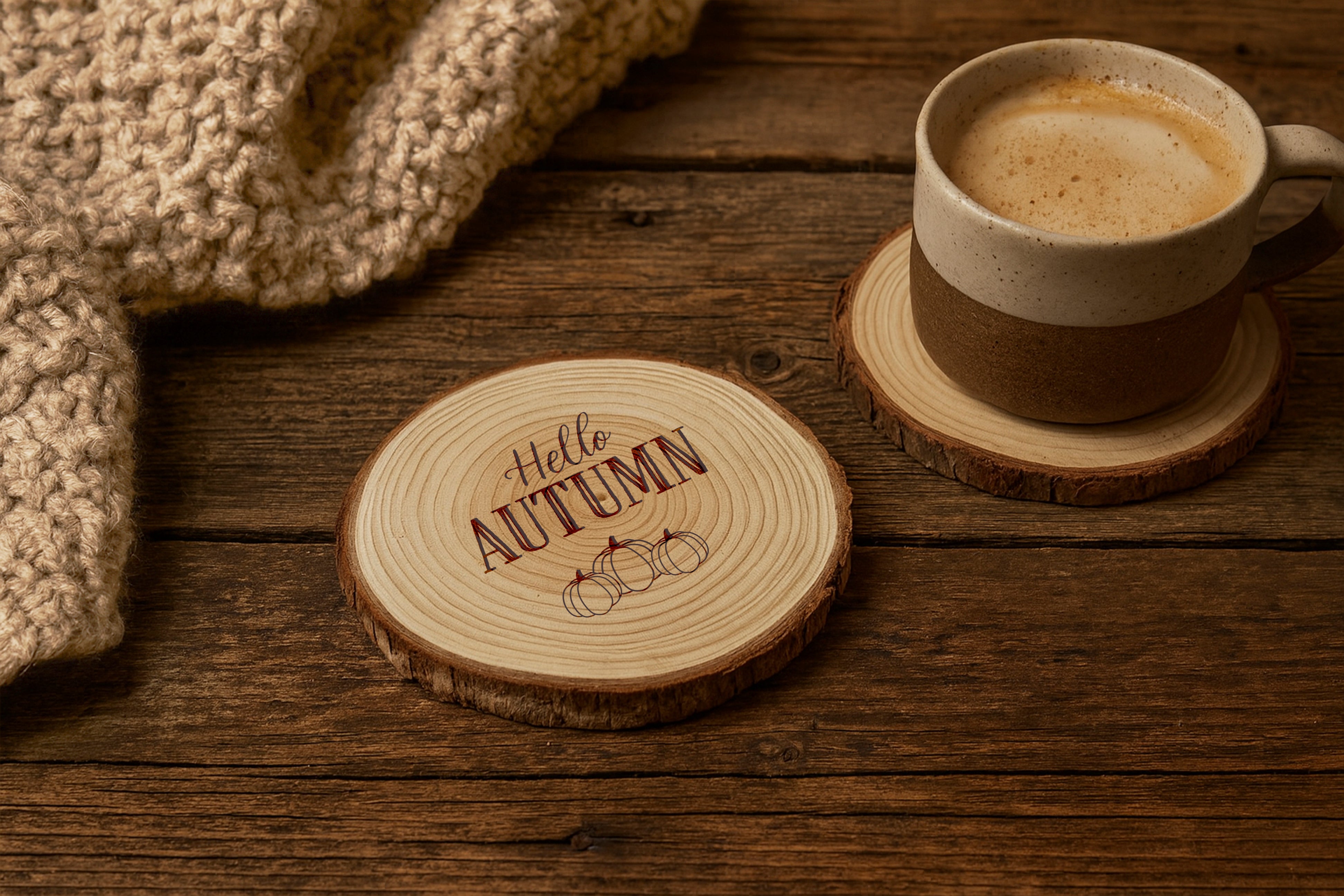 Hello Autumn Natural Log Slice Coaster