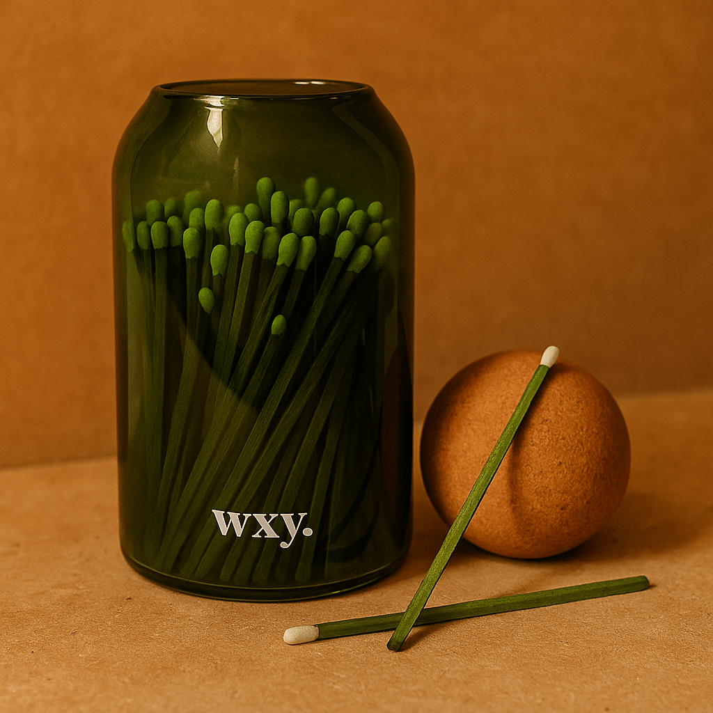 Green Sable Homeware luxury matches in a cork stopper jar, showcasing elegant packaging and natural wooden matches.