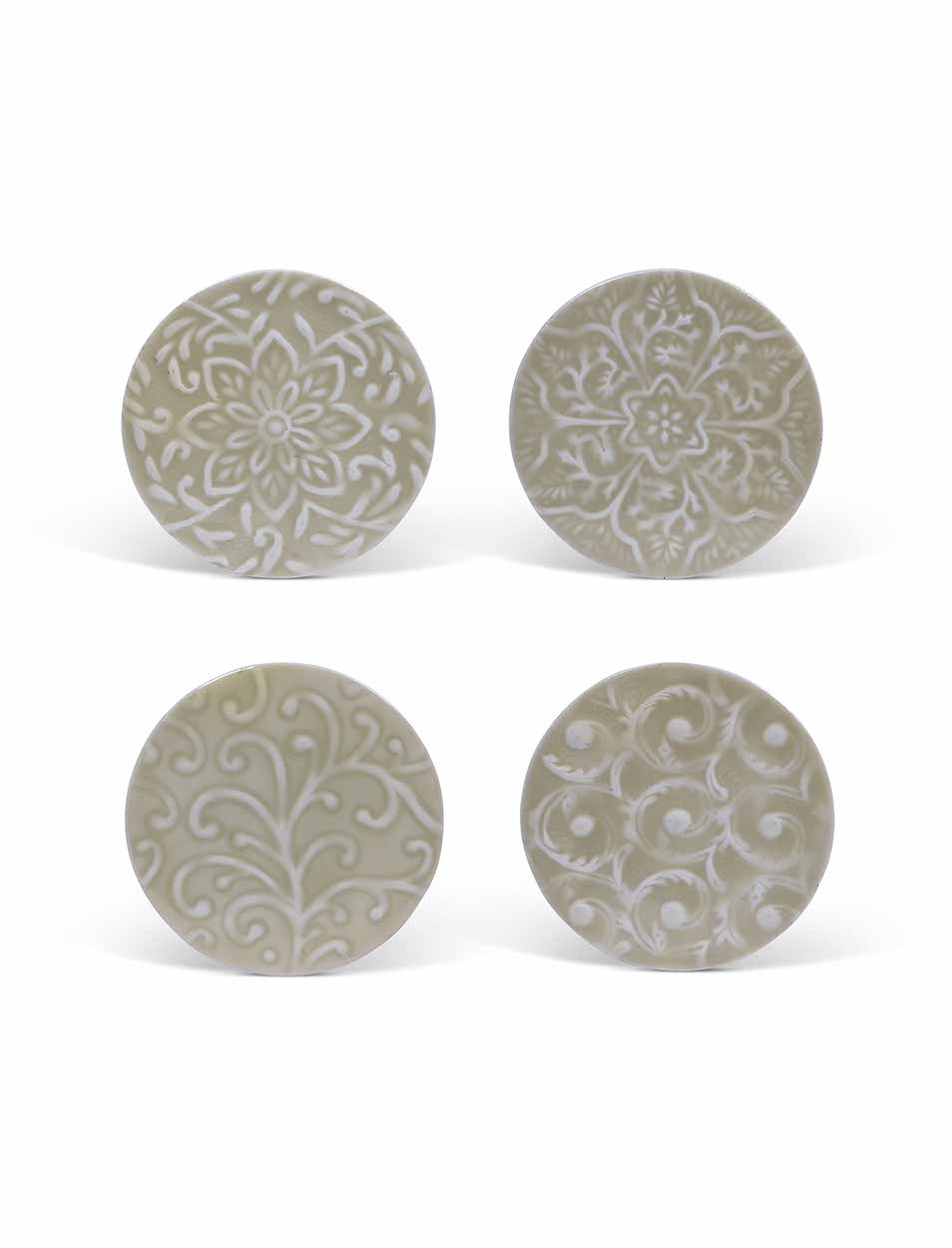 Set of four Fiskardo clay coasters by Sable Homeware, round with textured surface, designed for protecting surfaces.