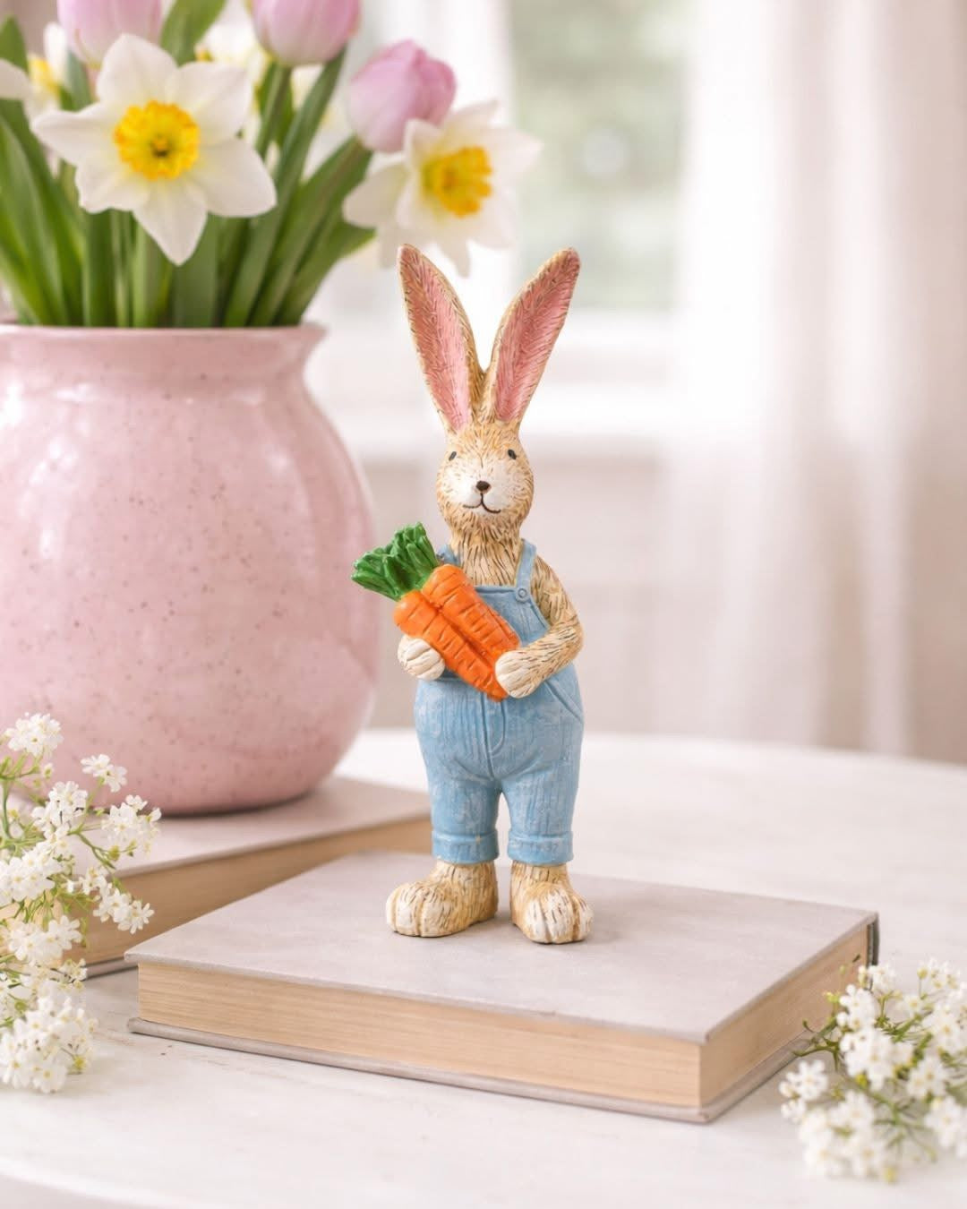 Shabbyquins Jasper Rabbit ornament in dunagarees holding carrots, detailed ceramic figurine perfect for garden or home decor.