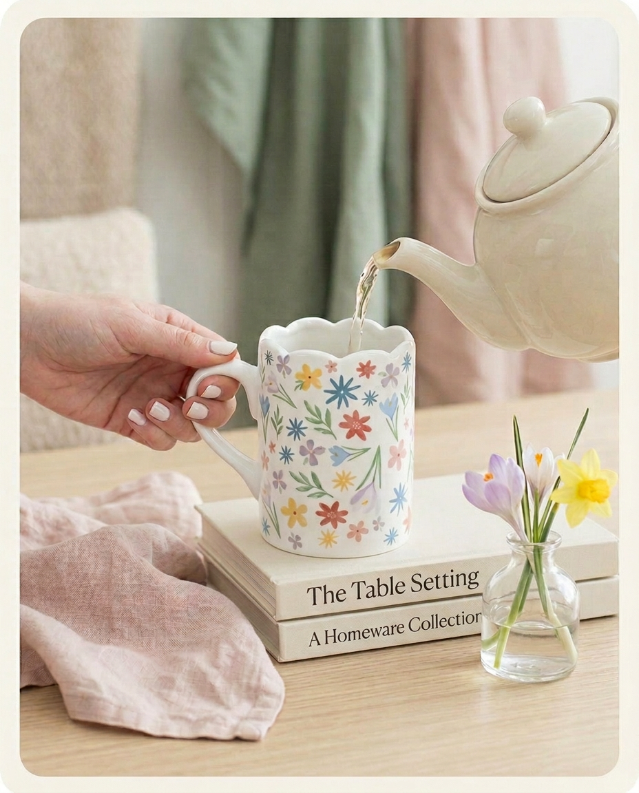 Floral print scalloped mug by Sable Homeware featuring a charming flower pattern and scalloped edges for a stylish drinkware look.