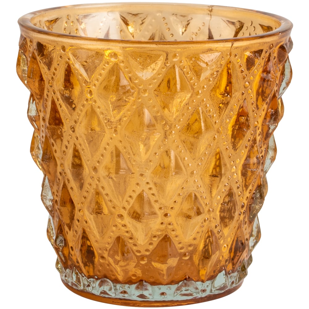 Dark peach glass tealight candle holder by Sable Homeware, elegant and translucent with a smooth, rounded design.