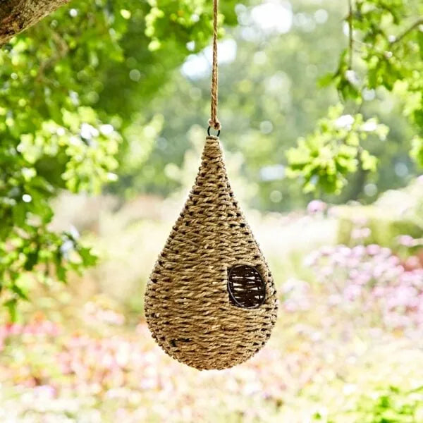 Large teardrop birdhouse by Sable Homeware, made from recycled cotton, featuring a jute exterior and suitable for small birds.