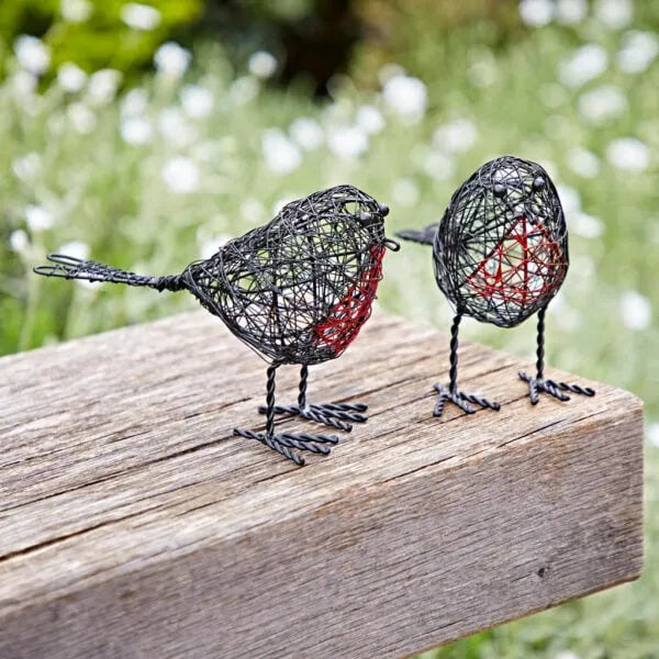Set of two black wire Robin garden ornaments with red accents, decorative outdoor bird decorations by Sable Homeware.