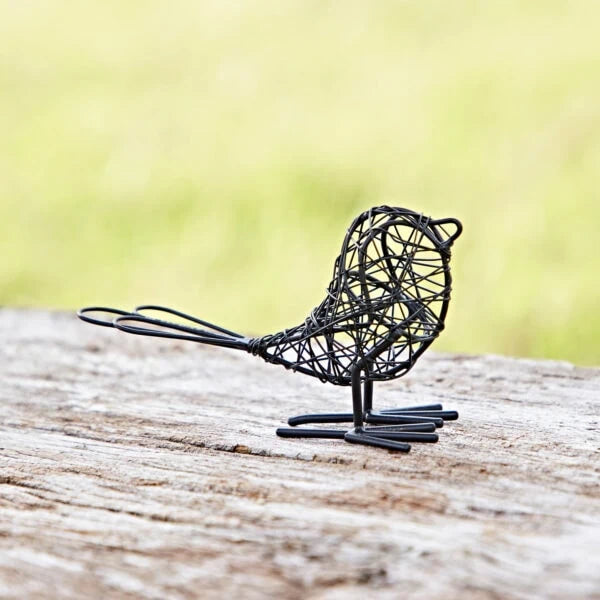 Set of three mini wire bird ornaments by Sable Homeware for garden decor, featuring delicate wire craftsmanship and bird shapes.