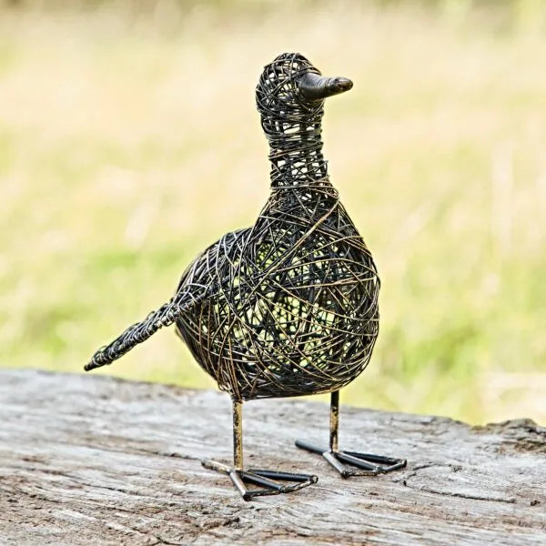 Small wire garden duck ornament named Kriti by Sable Homeware, featuring flapping wings, suitable for outdoor garden decor.