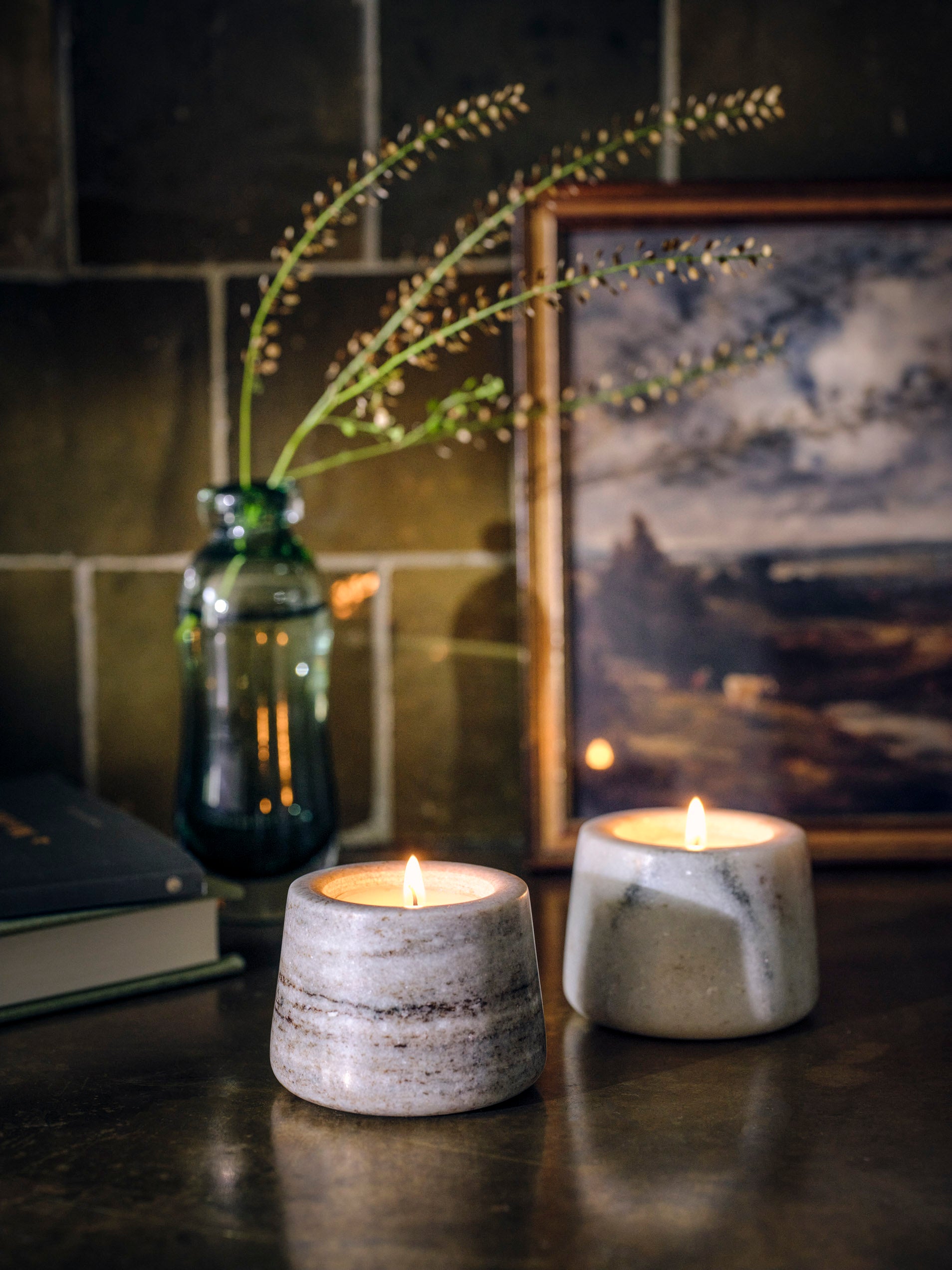 Set of two Osney marble tealight holders by Sable Homeware, neutral stone candle holders with elegant, polished surfaces.