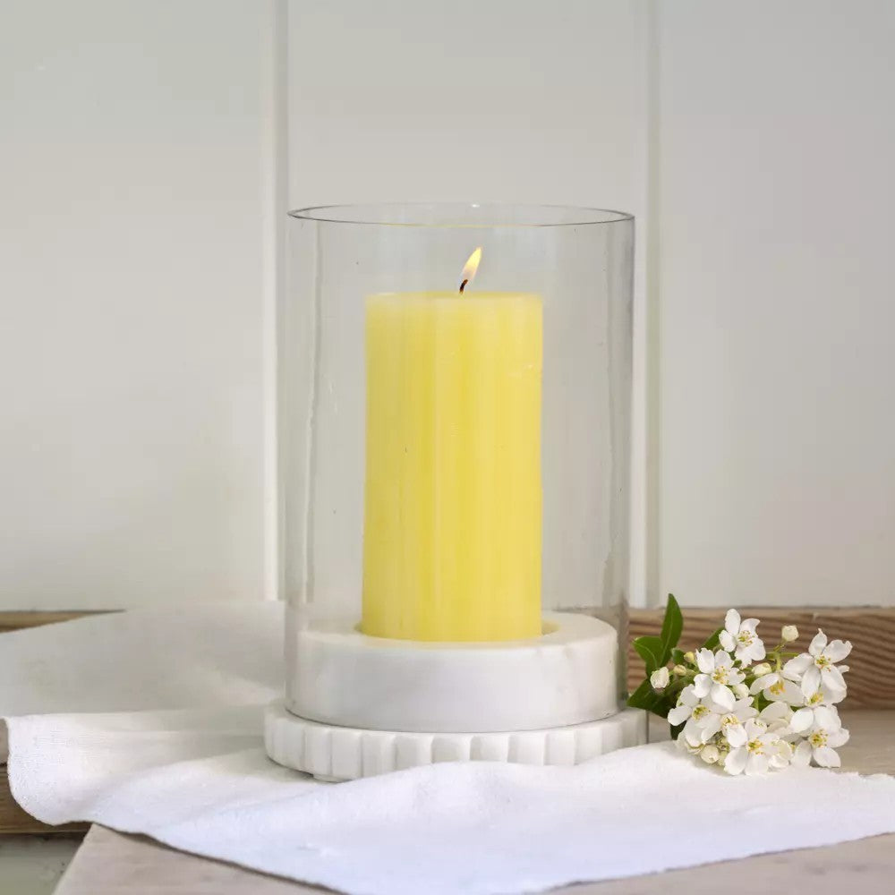 Makrana marble hurricane lamp and candle holder by Sable Homeware with intricate design and smooth marble finish.