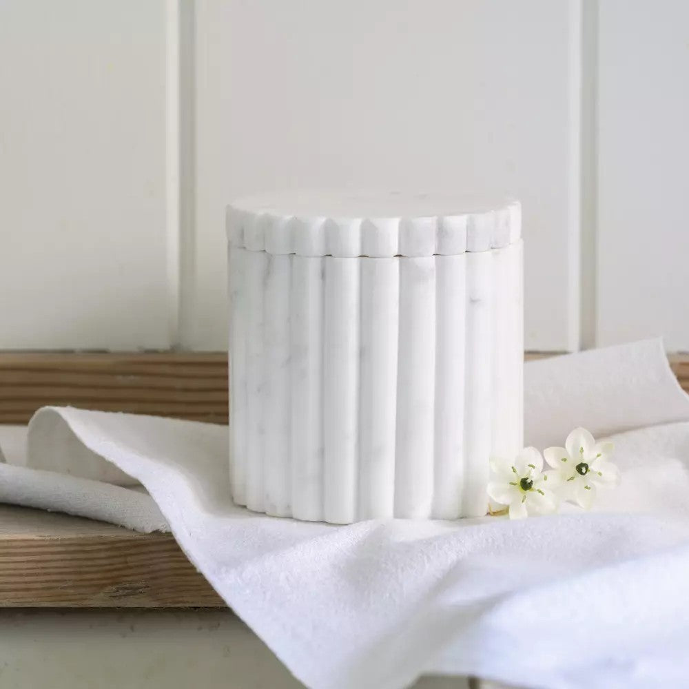 Makrana marble lidded storage jar by Sable Homeware, showcasing a smooth marble surface with a secure lid for kitchen storage.