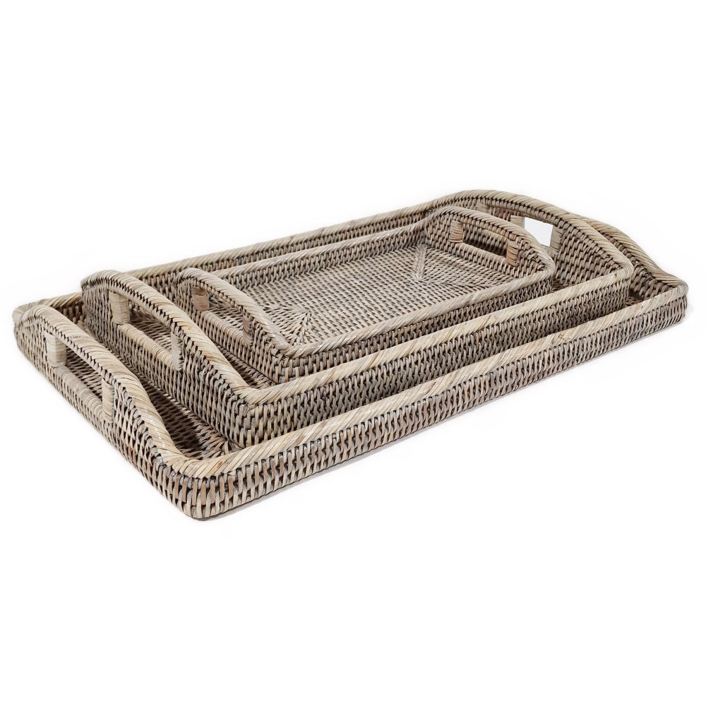 Grey rattan oblong morning tray by Sable Homeware, featuring a stylish woven design for serving and home organization.
