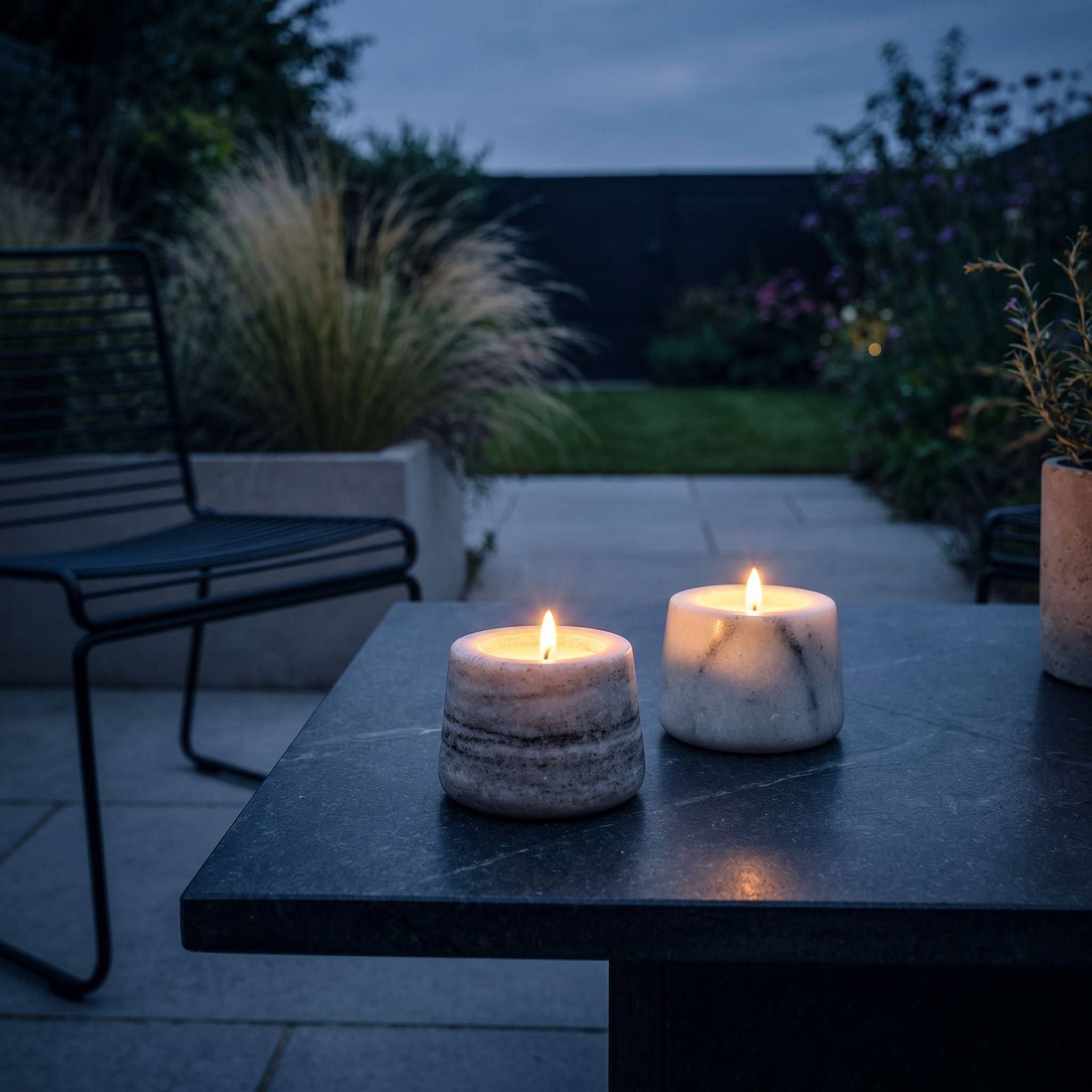Set of two Osney marble tealight holders by Sable Homeware, neutral stone candle holders with elegant, natural design.