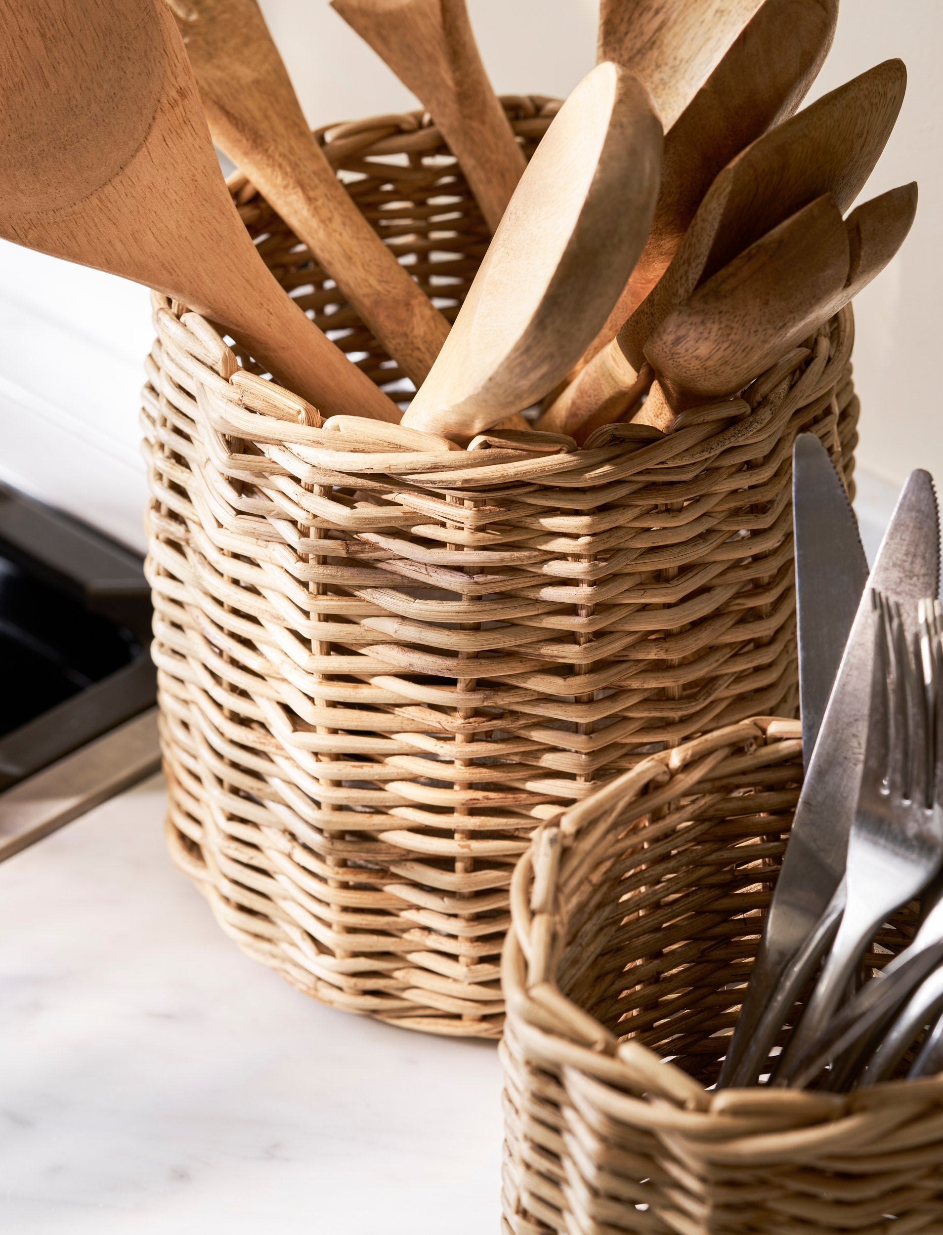 Set of two Sable Homeware Preston Utensil Pots in seagrass and natural finishes, ideal for kitchen organization and decor.