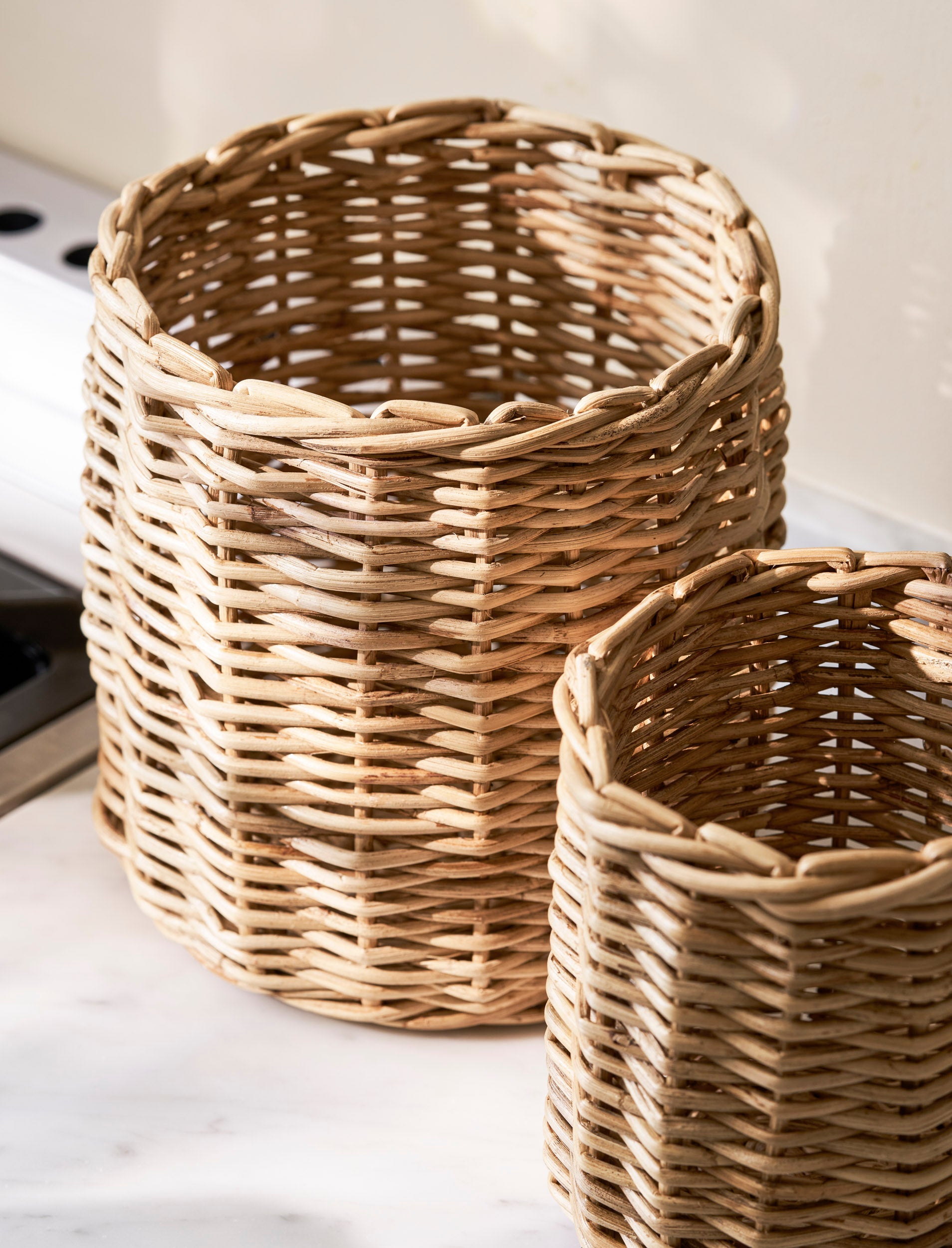 Set of two Sable Homeware Preston Utensil Pots in seagrass and natural finish, ideal for kitchen organization and utensil storage.