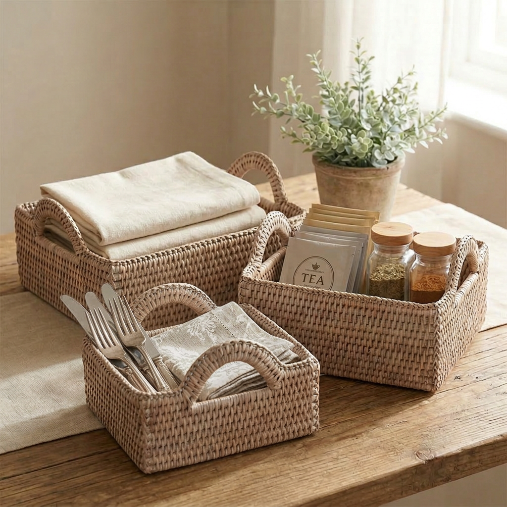 Square rattan storage basket from Shabbyquins in three sizes, perfect for organizing clutter in the kitchen or home.