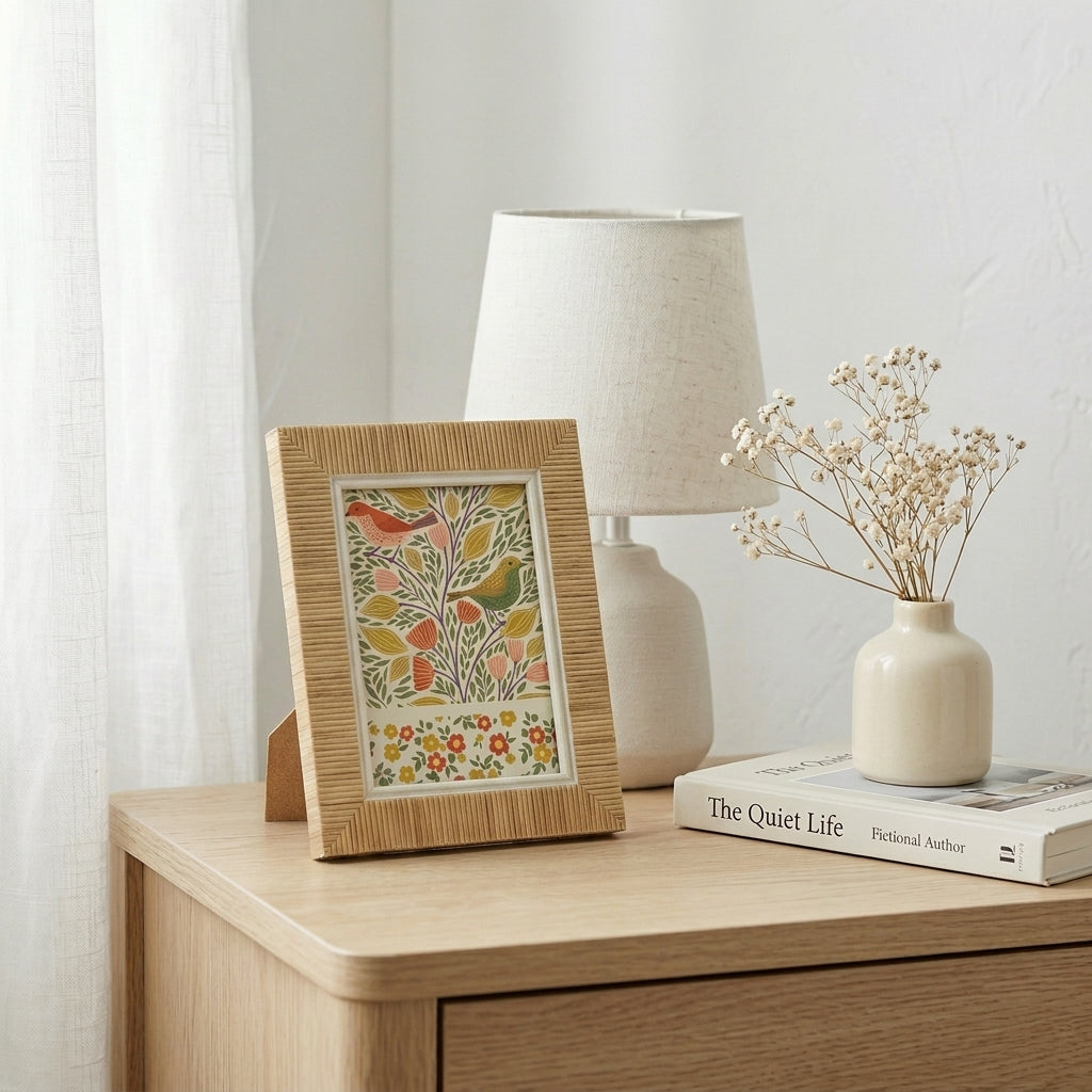 Rattan Songbird photo frame by Sable Homeware showcasing intricate rattan weaving and a charming bird design.
