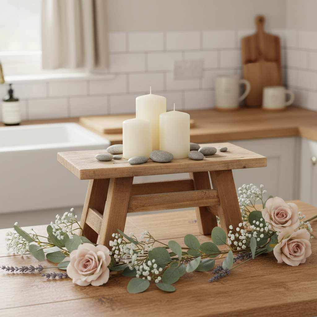 Recycled wood styling stool used as a display riser for shelf styling