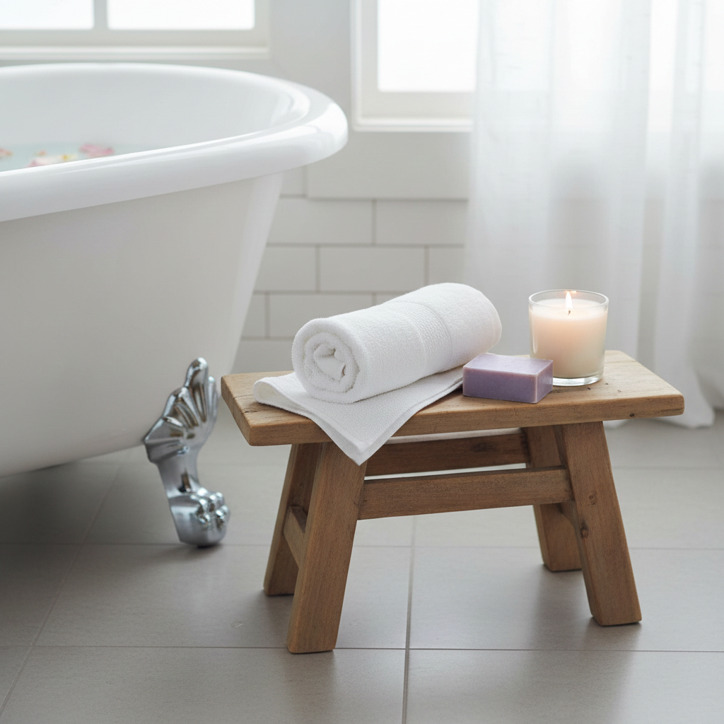 Recycled wood ornamental styling stool by Sable Homeware, available in two sizes, natural grain and tonal variation throughout.
