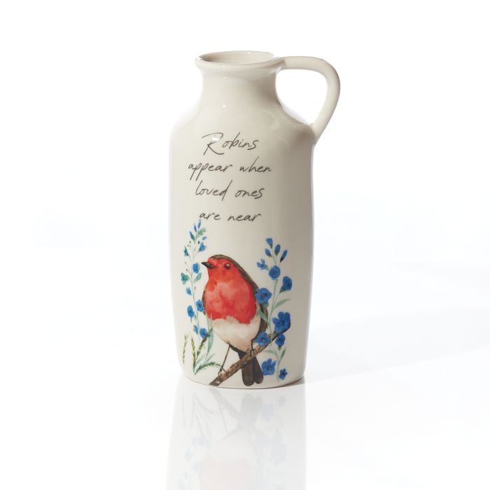 White vase with robin bird design, perfect for loved ones' remembrance, by Shabbyquins.