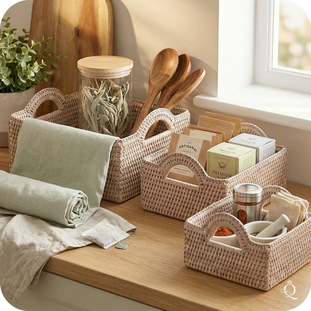 Rustic square rattan storage baskets in three sizes by Shabbyquins, perfect for organizing with stylish, natural woven design.