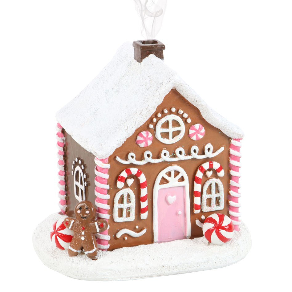 Pink gingerbread house incense cone burner ornament by Sable Homeware with festive, decorative design.