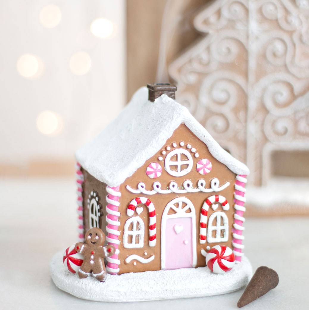 Pink gingerbread house incense cone burner ornament by Sable Homeware, shaped like a festive holiday decorative piece.