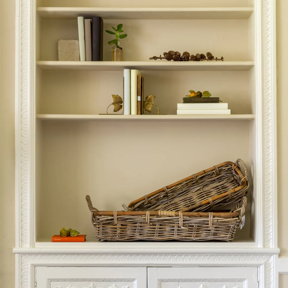 Rectangular Kubu rattan tray by Sable Homeware, showing a woven natural rattan tray with handles on each side.