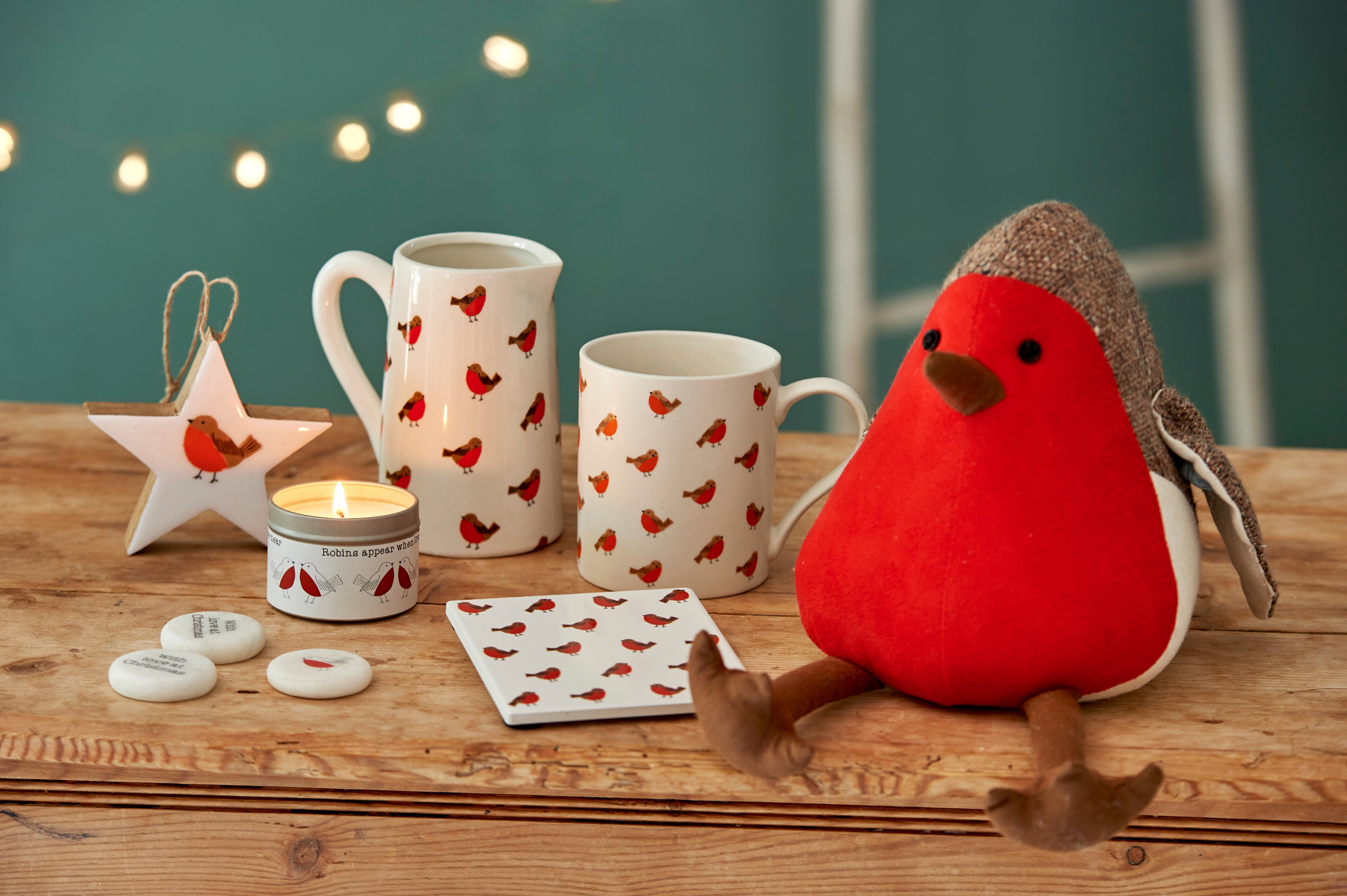 Robin-themed mug from Sable Homeware, featuring a charming robin design on a ceramic mug for hot beverages.