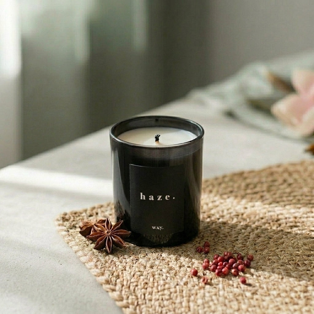 Sable Homeware Haze Patchouli & Hemp deluxe candle with a warm, relaxing glow and natural botanical scent.
