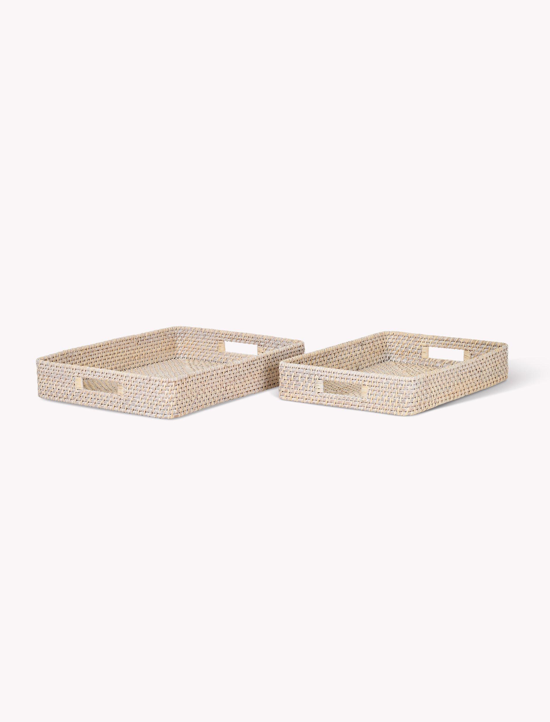 Set of two Wittering Rattan Rectangular Trays by Sable Homeware, natural woven baskets with handles for storage or serving.