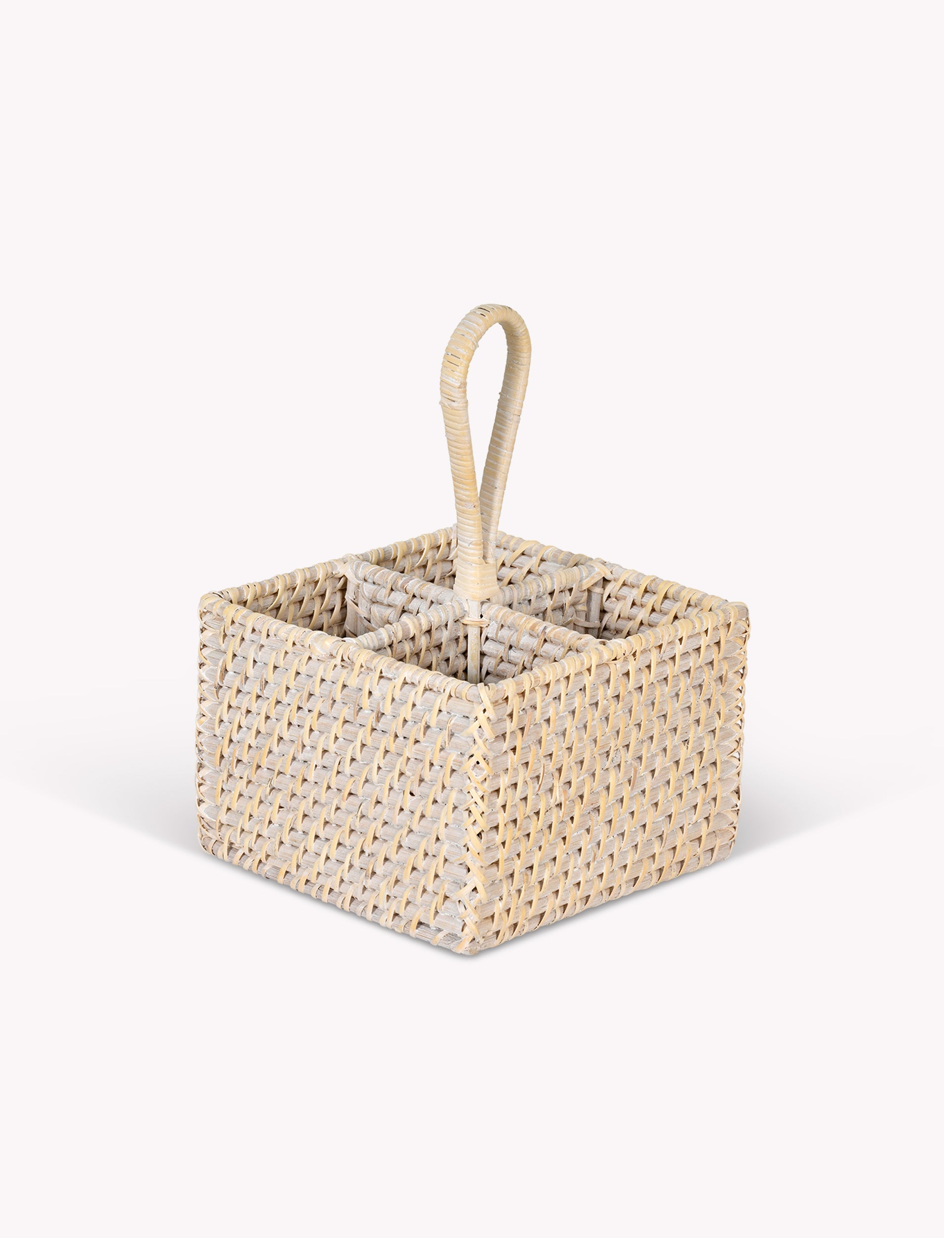 White Wittering Rattan Cutlery Caddy by Sable Homeware, kitchen organizer with compartments for utensils and cutlery.