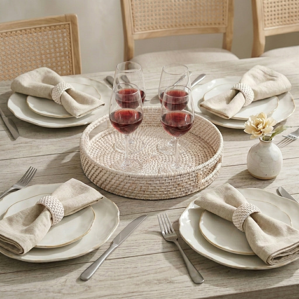 Sable Homeware Wittering Table Styling Set featuring rattan and linen dining accessories arranged on a table.