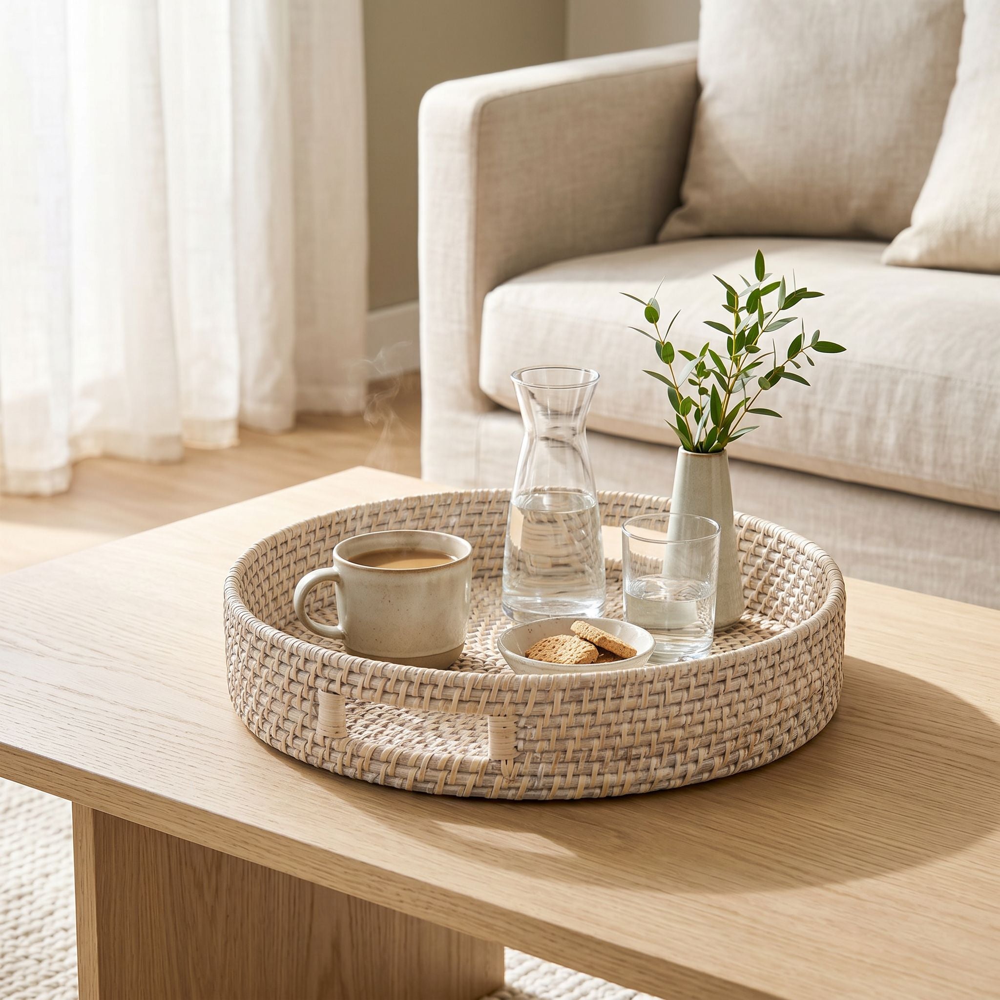 White Wittering round rattan tray by Sable Homeware, featuring a stylish woven rattan design and sturdy handles for serving.