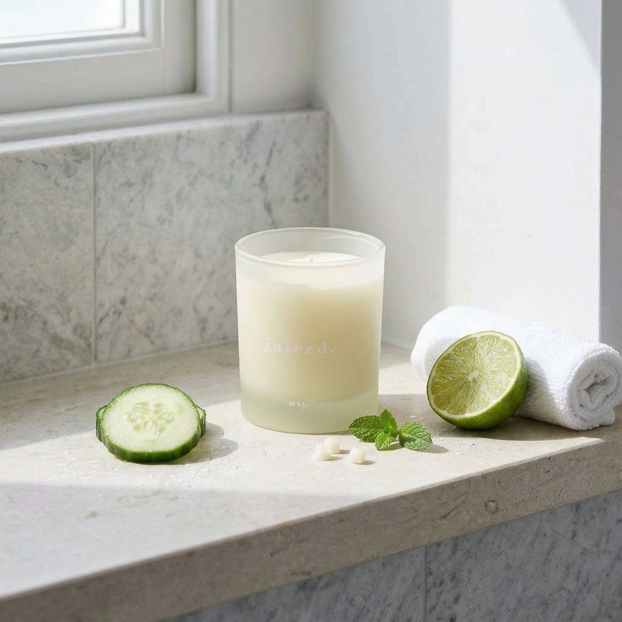 Sable Homeware Juiced Lime Avocado and Cucumber scented candle in a glass jar, with fresh fruit and greenery around.