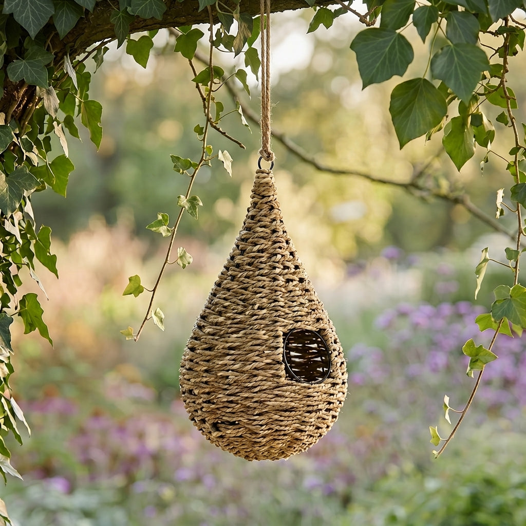 Large teardrop-shaped Munja birdhouse by Sable Homeware, featuring a cozy entrance and rustic wooden design for garden birds.