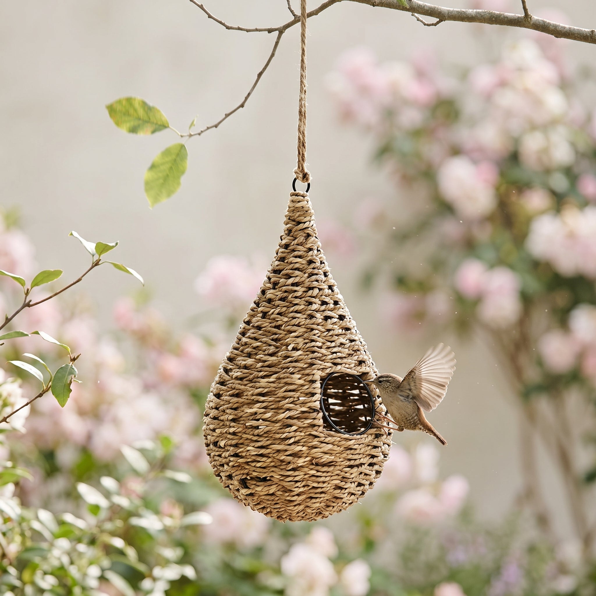 Large teardrop Munja birdhouse by Sable Homeware, featuring a decorative design and entry hole for small birds.