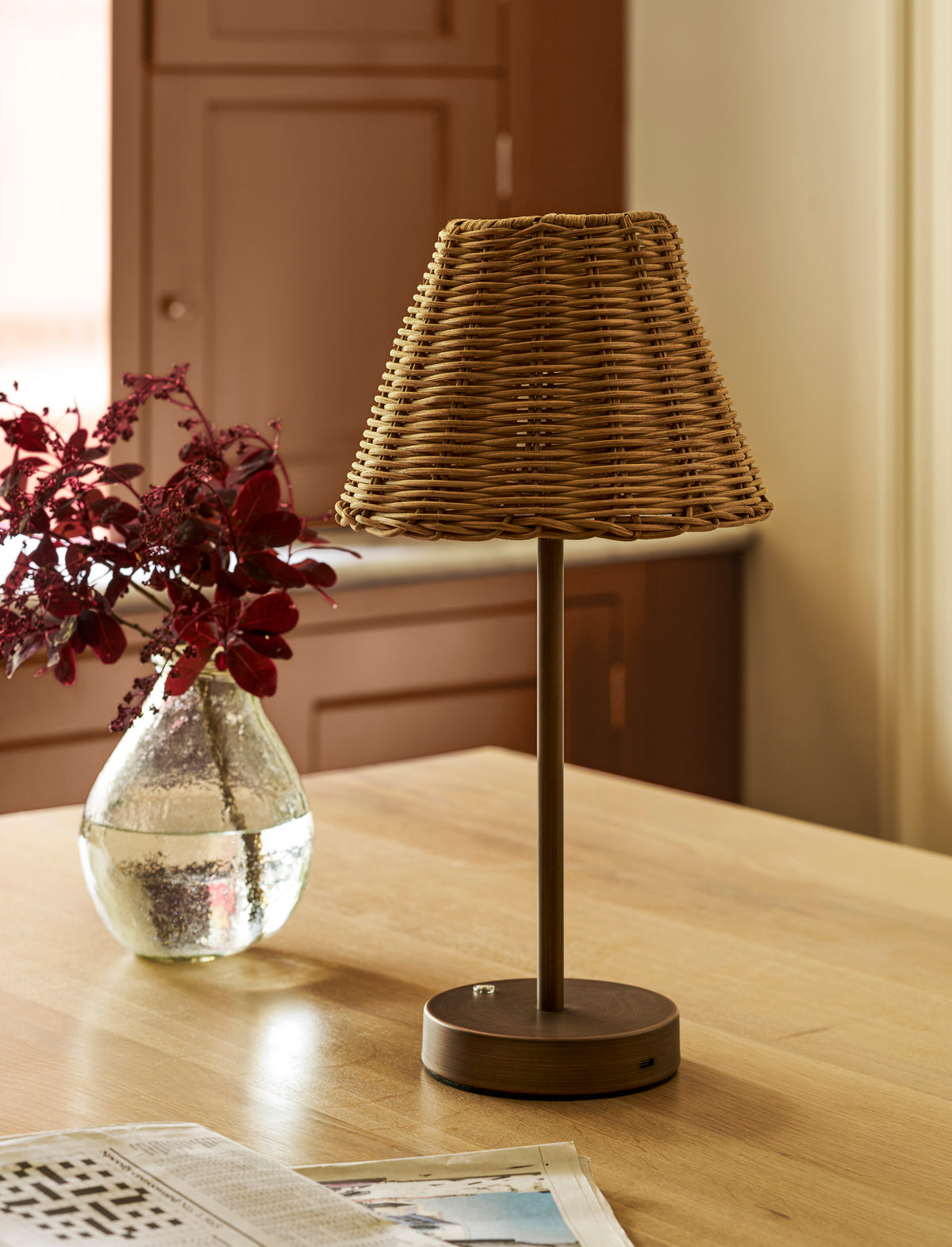 Rechargeable rattan table lamp with antique bronze iron base