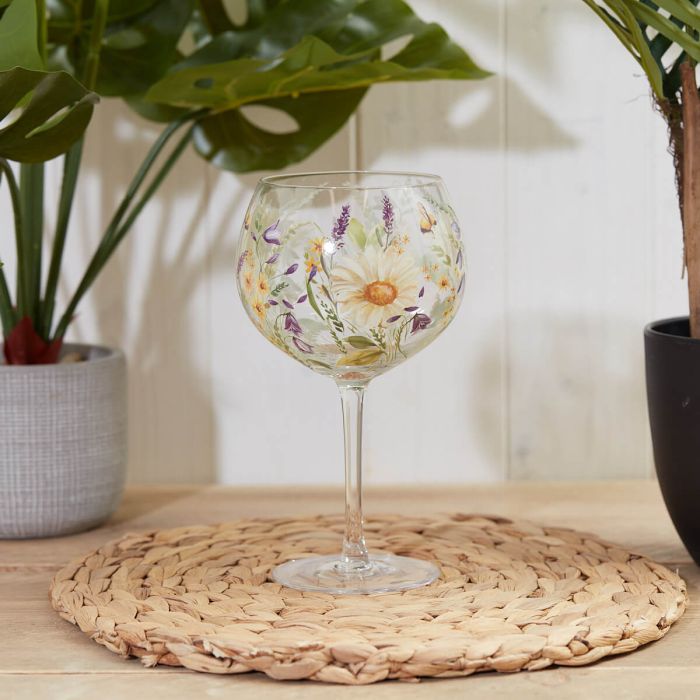 Shabbyquins Daisy Bee Floral gin glass and carafe set with colorful flower and bee design, perfect for serving beverages.
