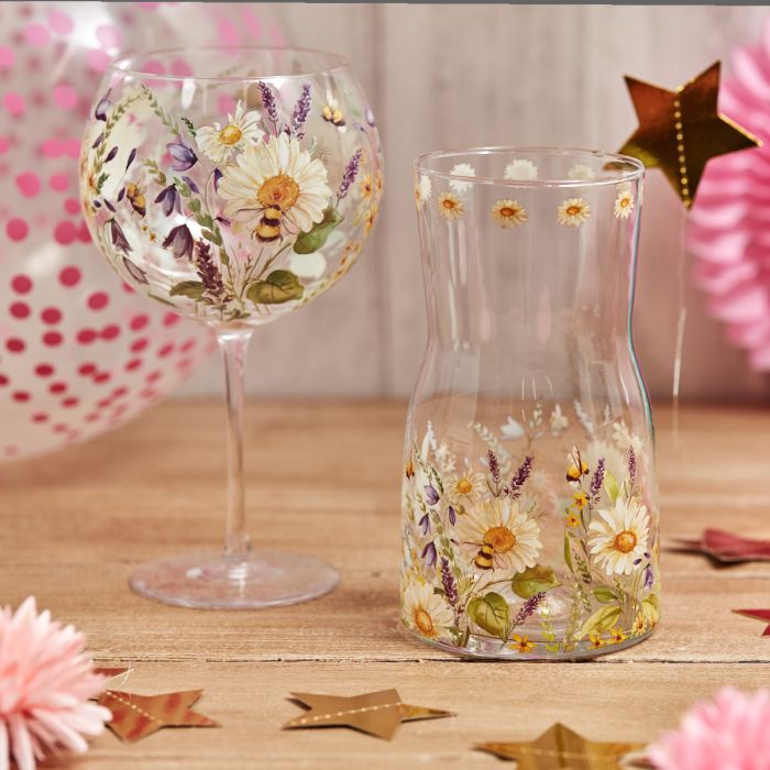 Shabbyquins Daisy Bee floral gin glass and carafe set with colorful daisy and bee design, elegant glassware for beverages