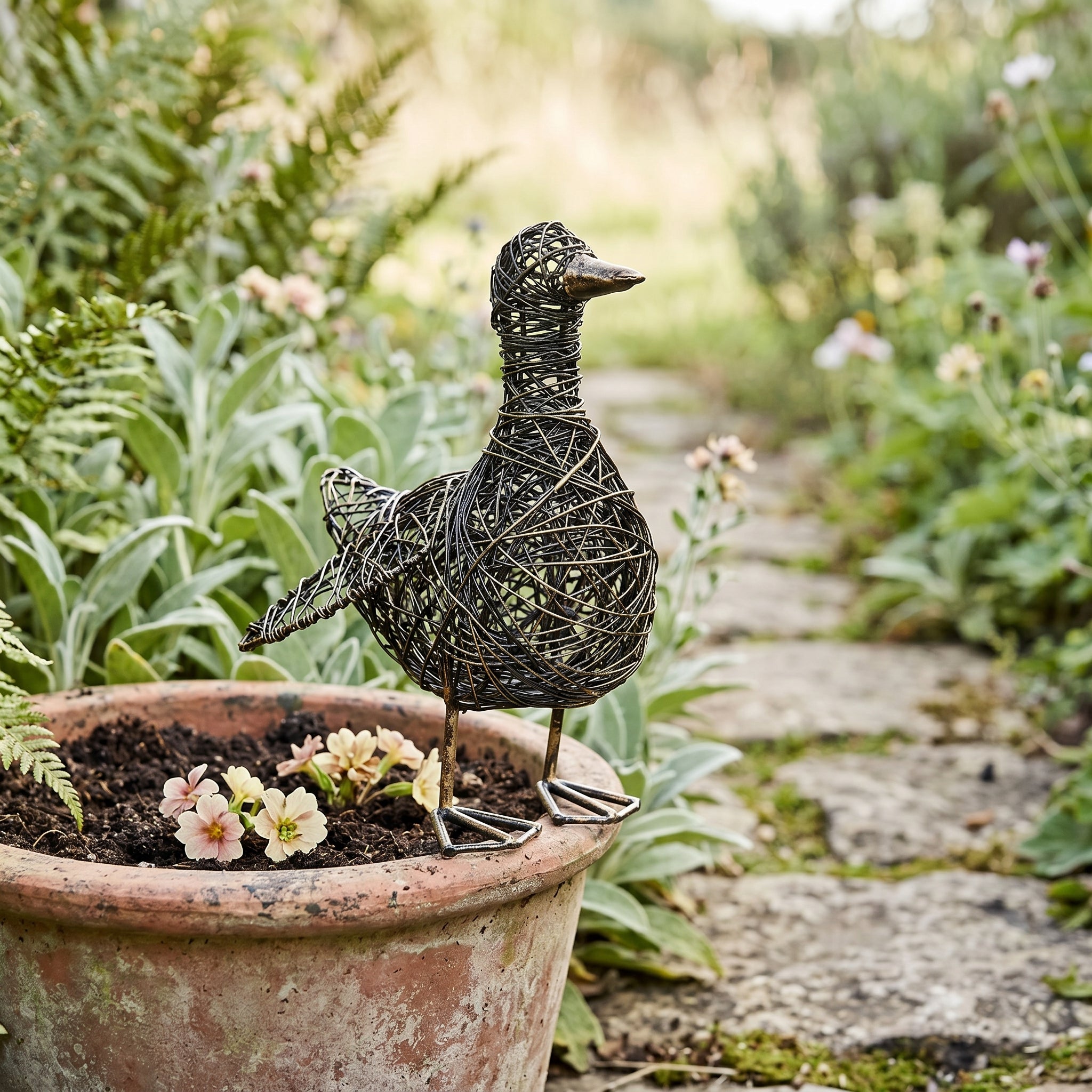 Small Kriti flapping duck wire garden ornament by Sable Homeware, featuring a charming metal duck with flapping wings for outdoor decor.