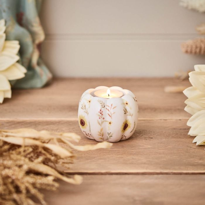 Floral tealight pumpkin ornament by Sable Homeware featuring autumnal floral design on a decorative pumpkin.