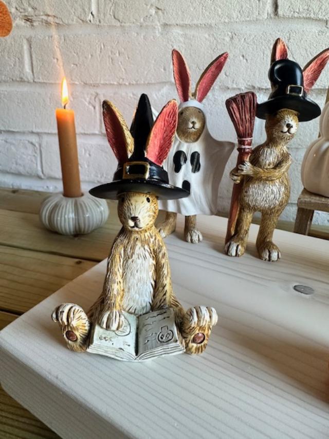 Three Halloween sitting witch rabbit ornaments by Sable Homeware, featuring spooky witch hats and festive details.