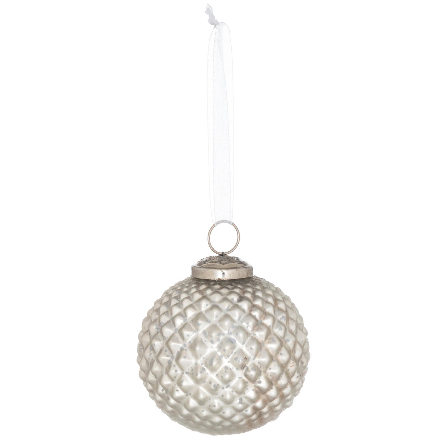 Silver honeycomb Christmas tree ornaments hanging as a set, decorative baubles from Sable Homeware for holiday decoration.